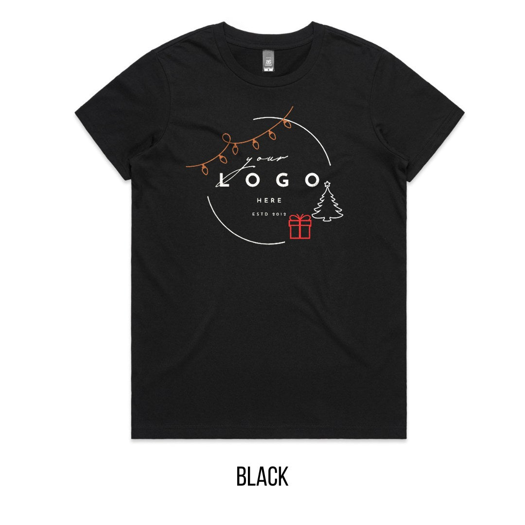 Chrissy Tree & Prezzie Tee mock-up on Black