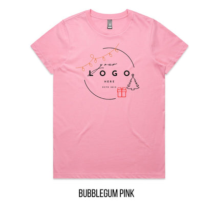 Chrissy Tree & Prezzie Tee mock-up on Bubblegum Pink