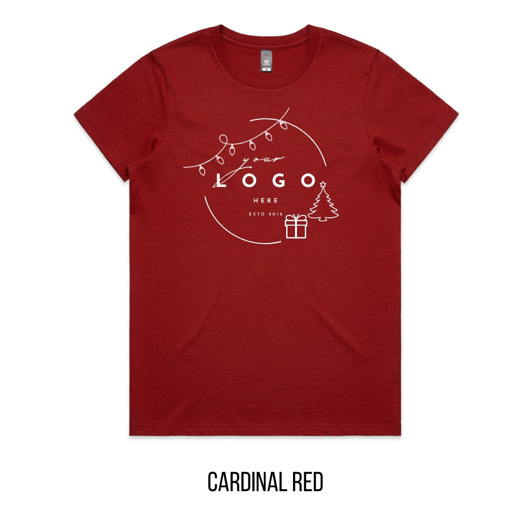 Chrissy Tree & Prezzie Tee mock-up on Cardinal