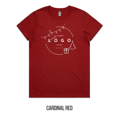 Chrissy Tree & Prezzie Tee mock-up on Cardinal