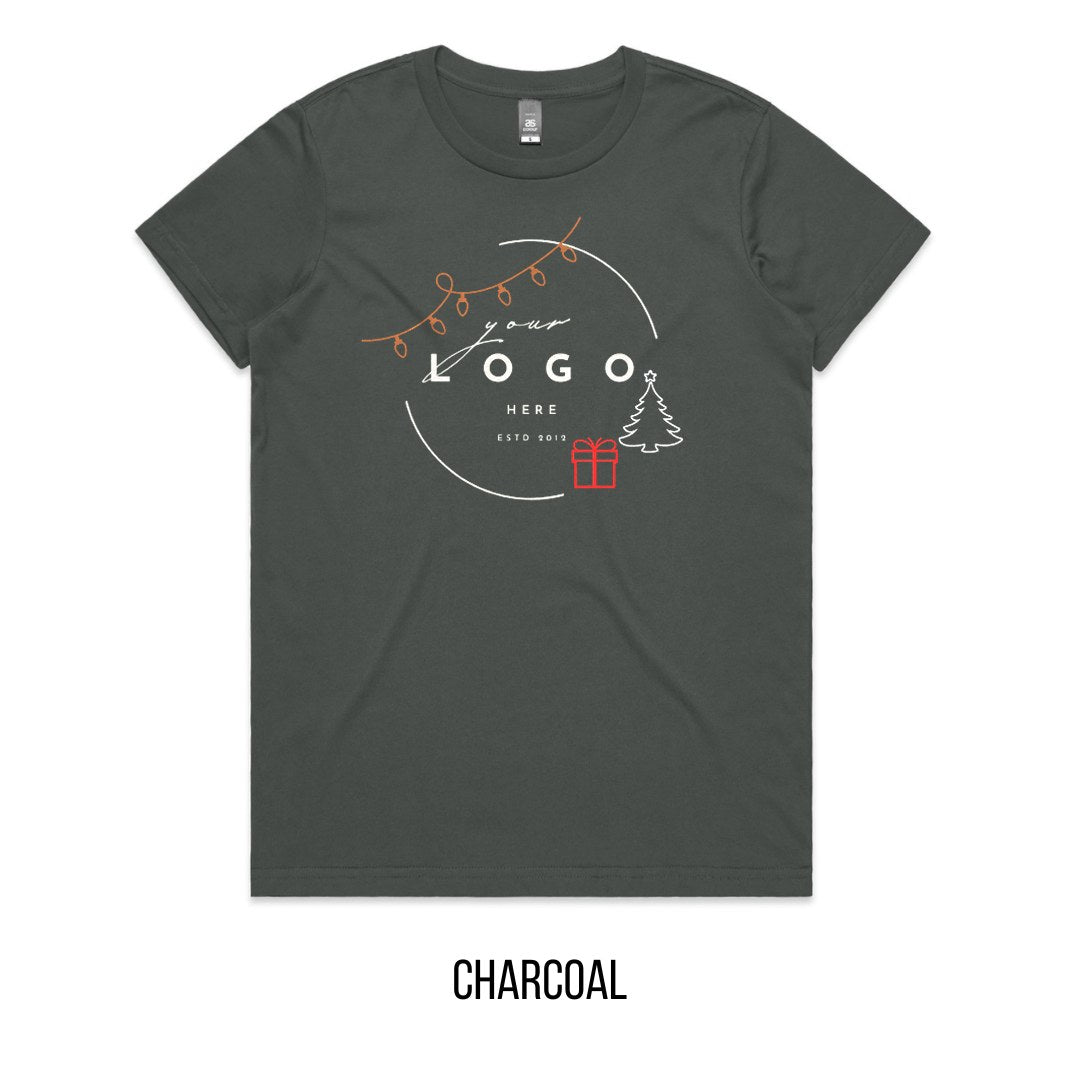 Chrissy Tree & Prezzie Tee mock-up on Charcoal