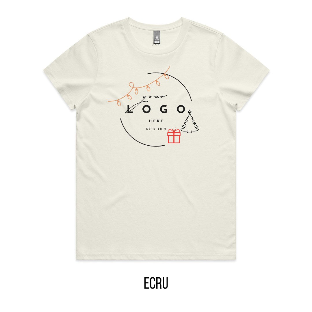 Chrissy Tree & Prezzie Tee mock-up on Ecru
