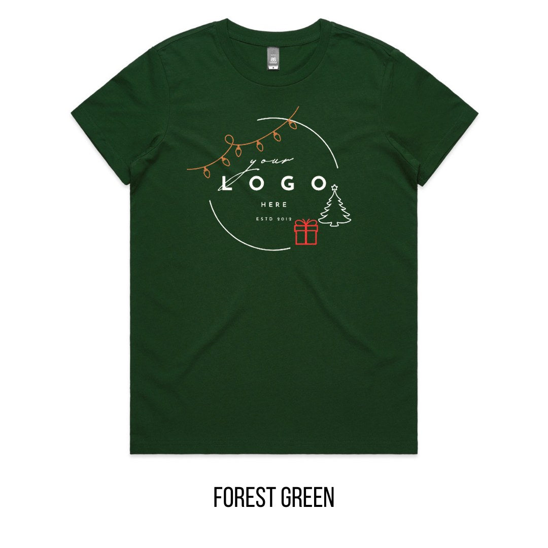 Chrissy Tree & Prezzie Tee mock-up on Forest Green