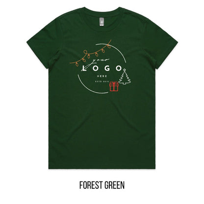 Chrissy Tree & Prezzie Tee mock-up on Forest Green
