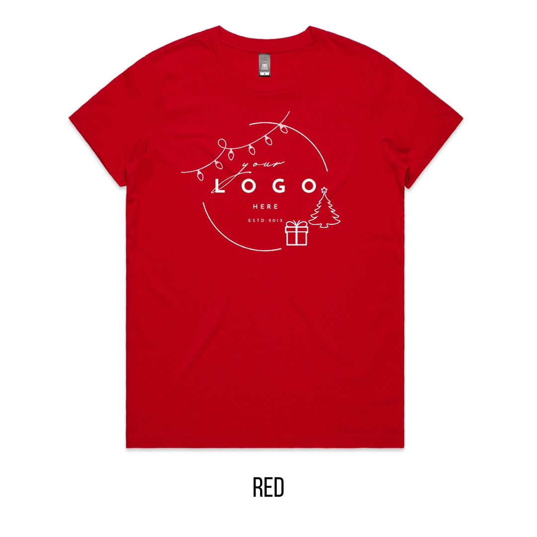 Chrissy Tree & Prezzie Tee mock-up on Red