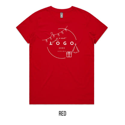 Chrissy Tree & Prezzie Tee mock-up on Red