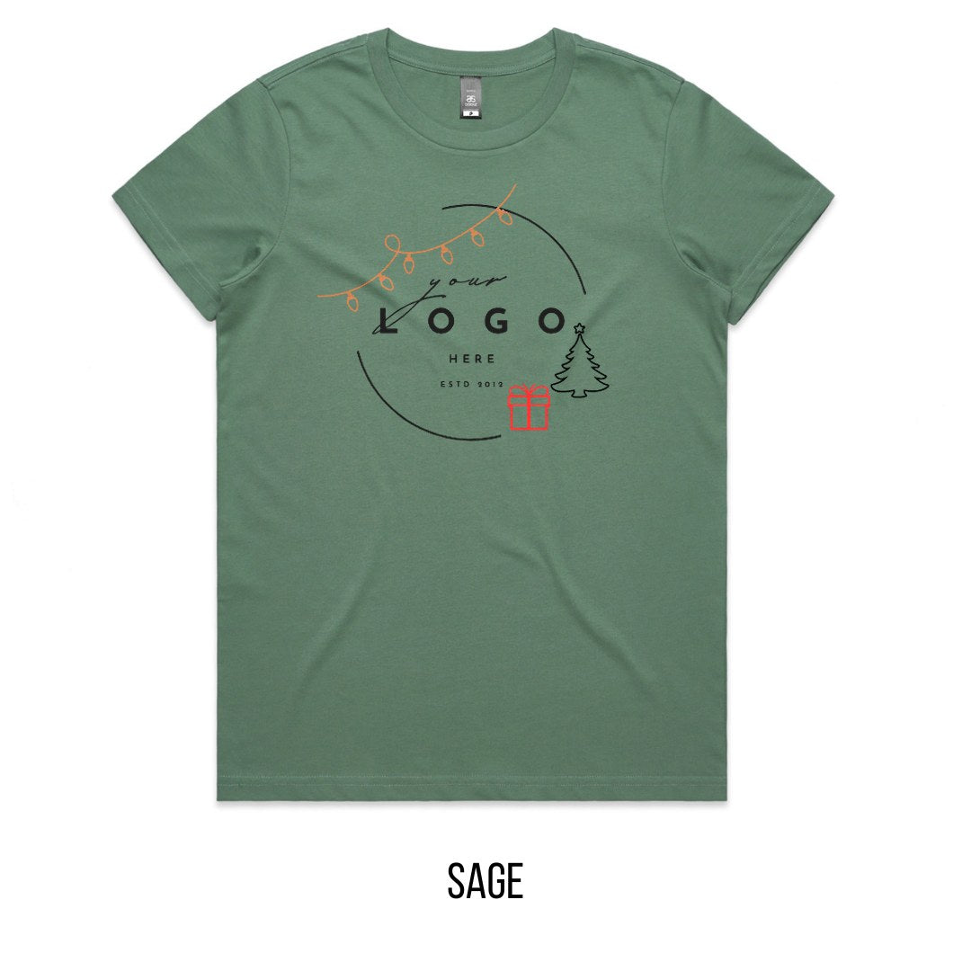 Chrissy Tree & Prezzie Tee mock-up on Sage