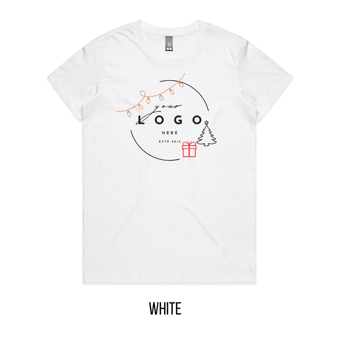 Chrissy Tree & Prezzie Tee mock-up on White